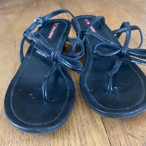 Prada Black Patent Leather Wedge Sandals